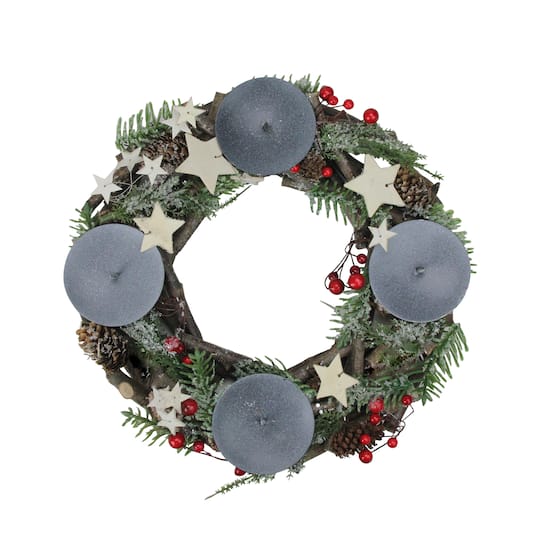 12" Pinecones & Berries with Stars Christmas Votive Candle Holder